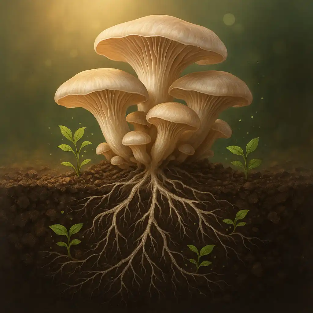 Cluster of oyster mushrooms with pale caps growing from soil, their mycelium spreading underground like roots, transforming dark soil into healthy earth with green plants sprouting around them, symbolizing bioremediation and soil healing.
