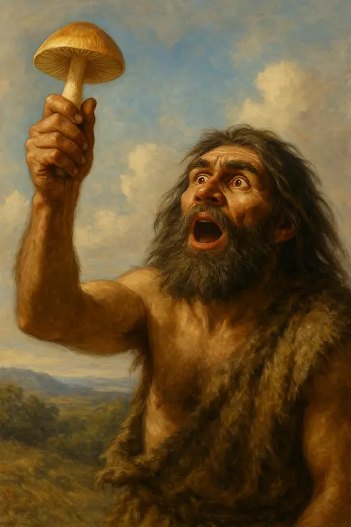 Realistic oil painting of a caveman in animal hide clothing holding a mushroom above his head like a trophy, gazing upward in amazement against a cloudy sky and natural landscape.