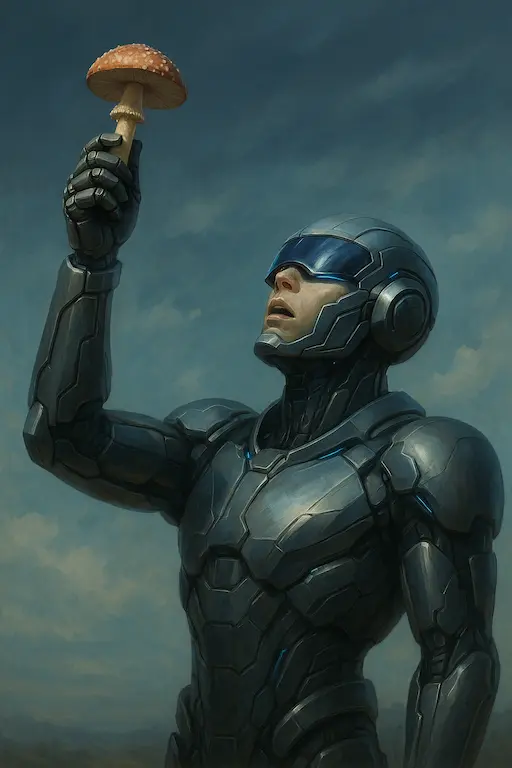 Futuristic figure in a metallic exoskeleton suit with glowing blue accents holds a mushroom above their head like a trophy, gazing upward in awe against a cloudy sky.