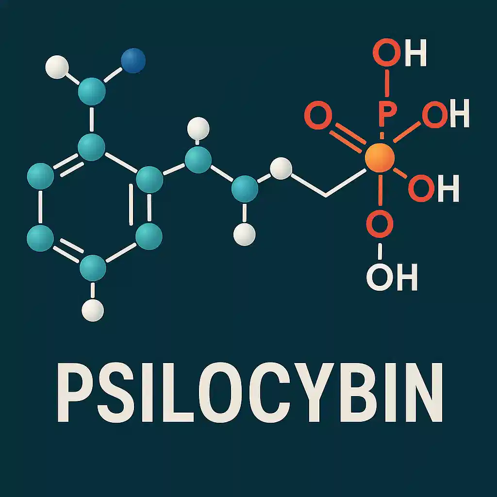 Showing the psilocybin molecule that is responsible or the effects of psilocybin on the human brain.