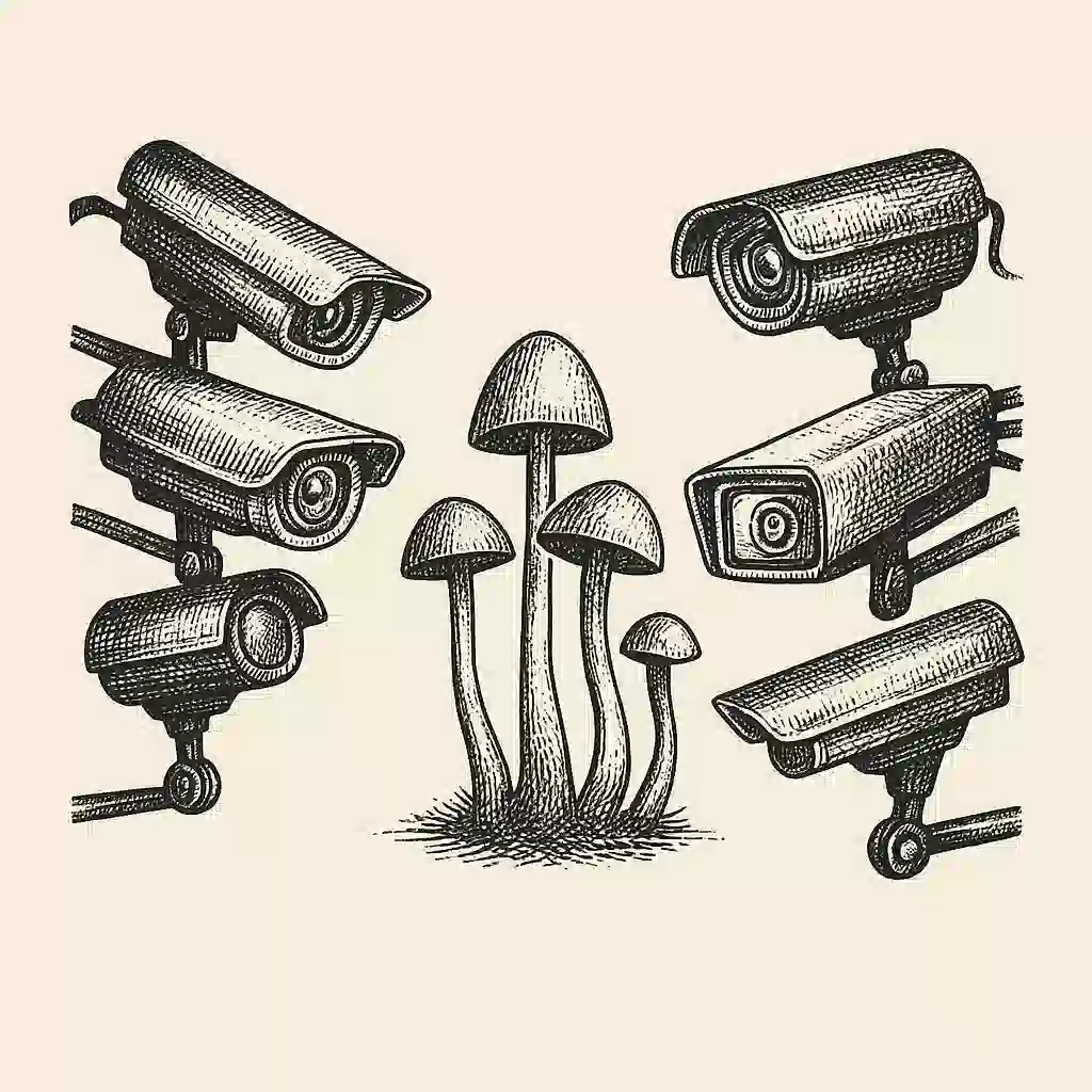 Mushrooms in the center being watched by cameras. This symbolizes how legal policy advocates feel about a natural substance.