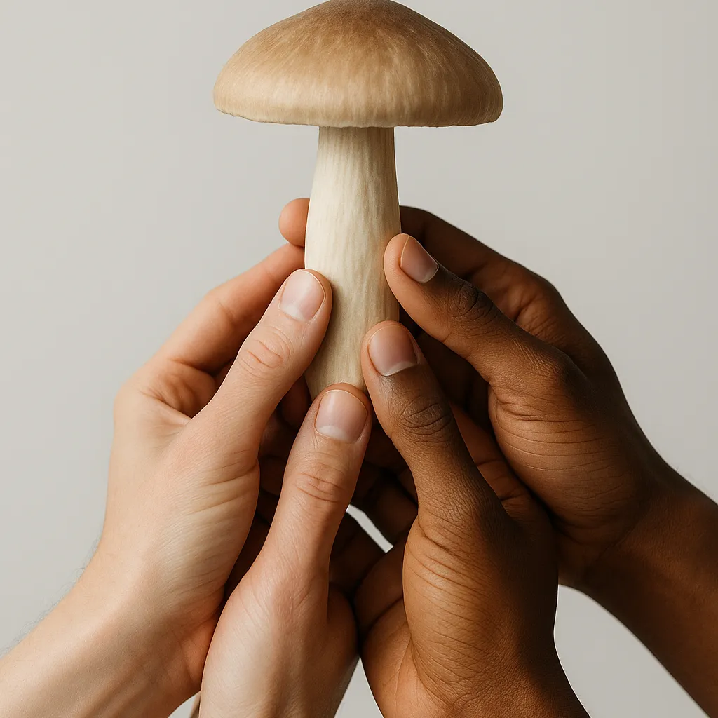 hands raising up a mushroom like a trophy