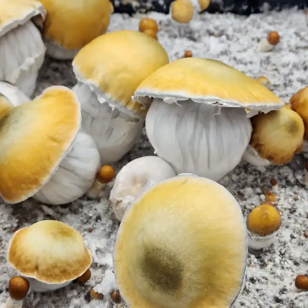 Apehilly Bumpkin Fifth Generation – Featuring vivid yellow caps with dark green nipple accents, this strain has Ape-style stipes that are solid like PE. As the latest F5 isolate of Bas’ original hybrid, it represents a rare and captivating addition for collectors and mycology enthusiasts.