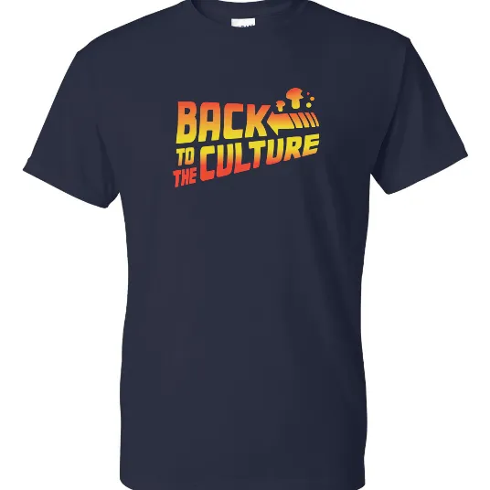 Front view of the Back to the Culture T-shirt, showcasing the mushroom-inspired design on a premium, navy short sleeve tee.