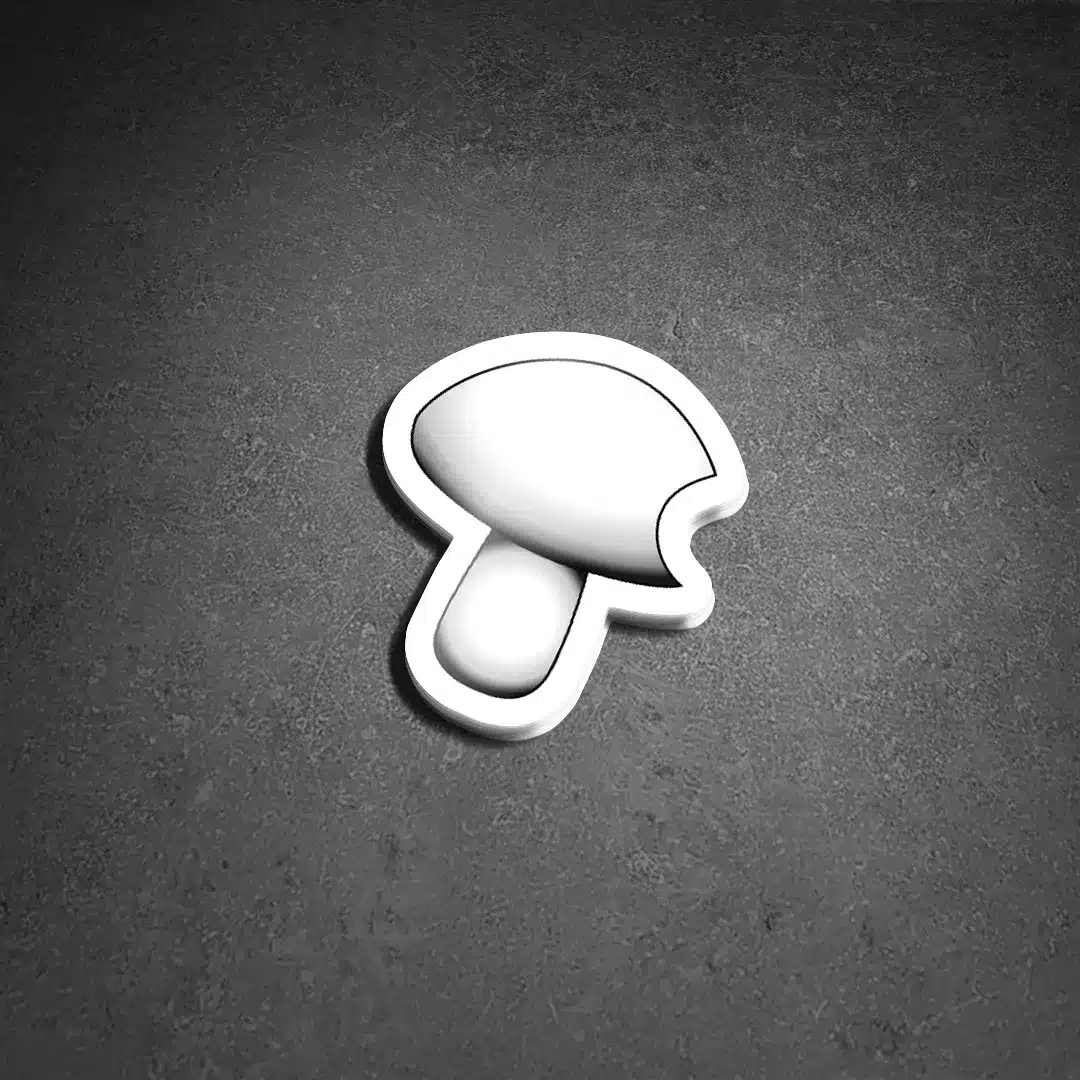 White Basidium Equilibrium mushroom logo die-cut sticker, 3" x 3.4".