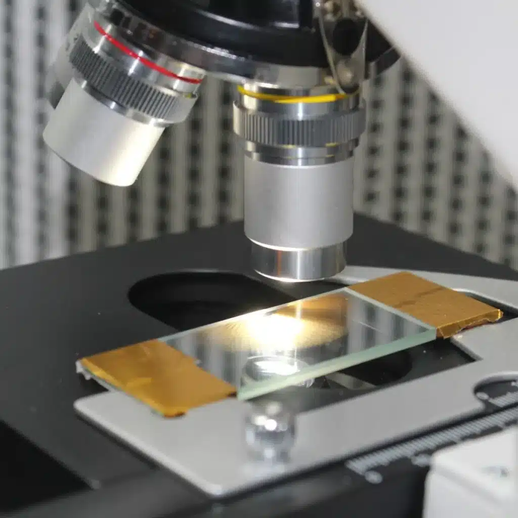 Microscope with a dry mount spore slide in pace for viewing.