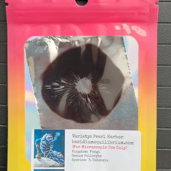 Pearl Harbor spore print on foil in a mylar package.