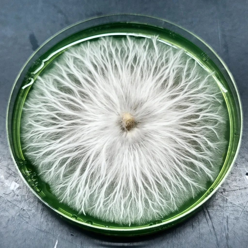 Strong mycelium growing on a Petri dish made by basidium Equilibrium