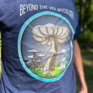 Navy blue Throw Back T-shirt featuring the original Beyond the Veil BAS logo.