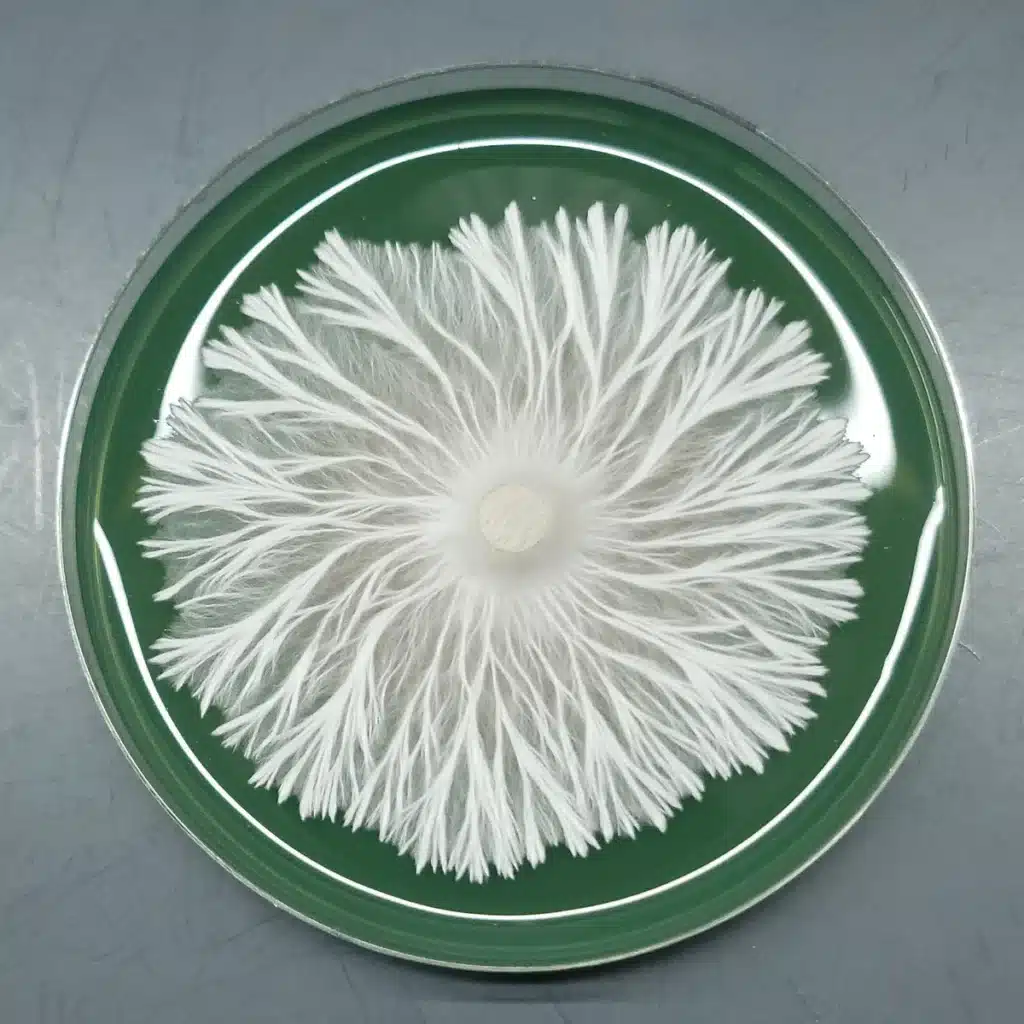 Pe7 Mycelium on a green Petri dish. Growing in a spiral form.