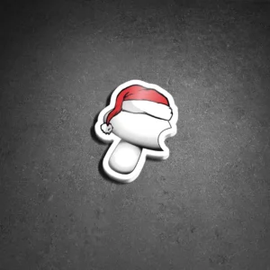 Bas Mycology Christmas Sticker featuring white mushroom logo with Christmas hat and bite.