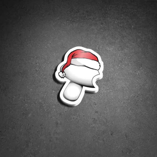 Bas Mycology Christmas Sticker featuring white mushroom logo with Christmas hat and bite.