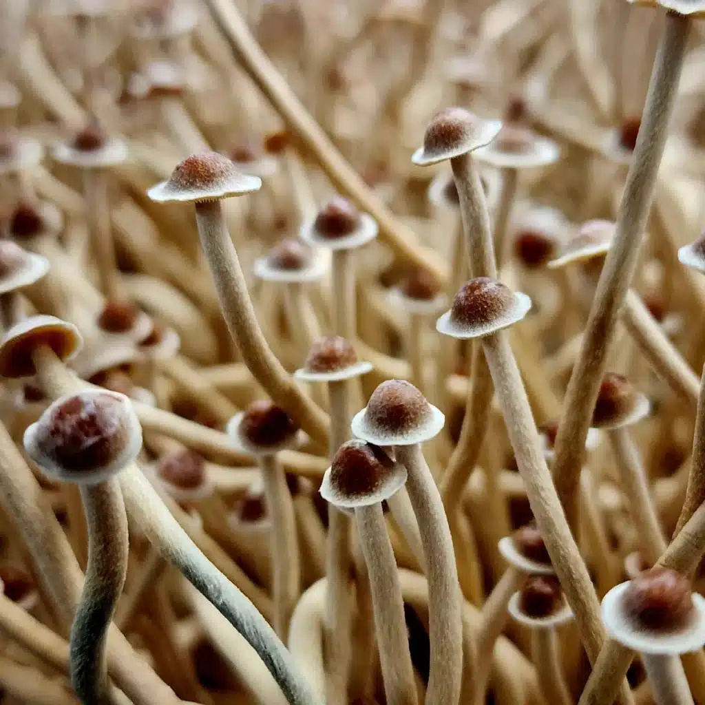 Psilocybe tampanensis mushrooms, ultra-thin and tall fruiting bodies, a rare and unique wild species in the Psilocybe genus.
