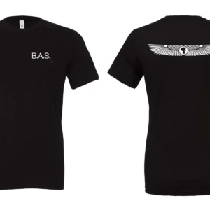 Front of black BAS shirt showing simple “BAS” text across the chest.