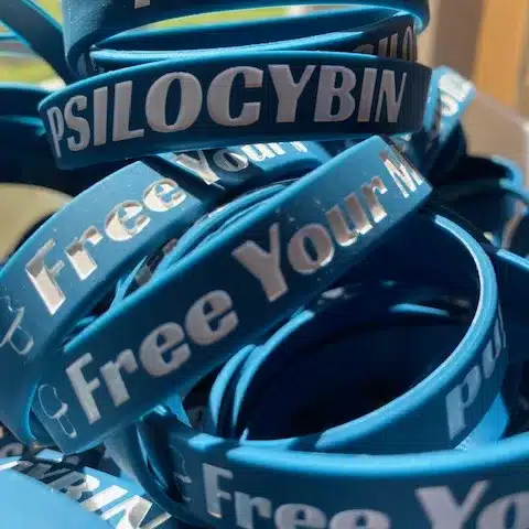 a blue basidium Equilibrium rubber wrist band that says "free your mind" and "Psilocybin"