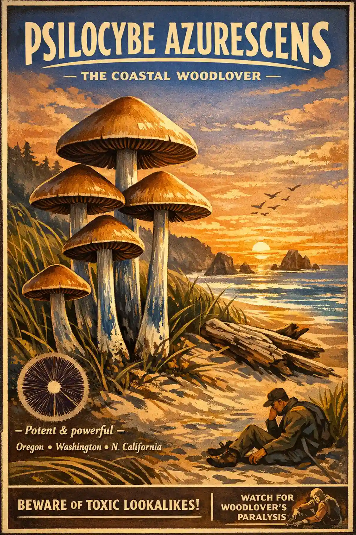 Retro National Park poster of Psilocybe azurescens, the Coastal Woodlover, illustrated on an Oregon beach with dune grass and driftwood.