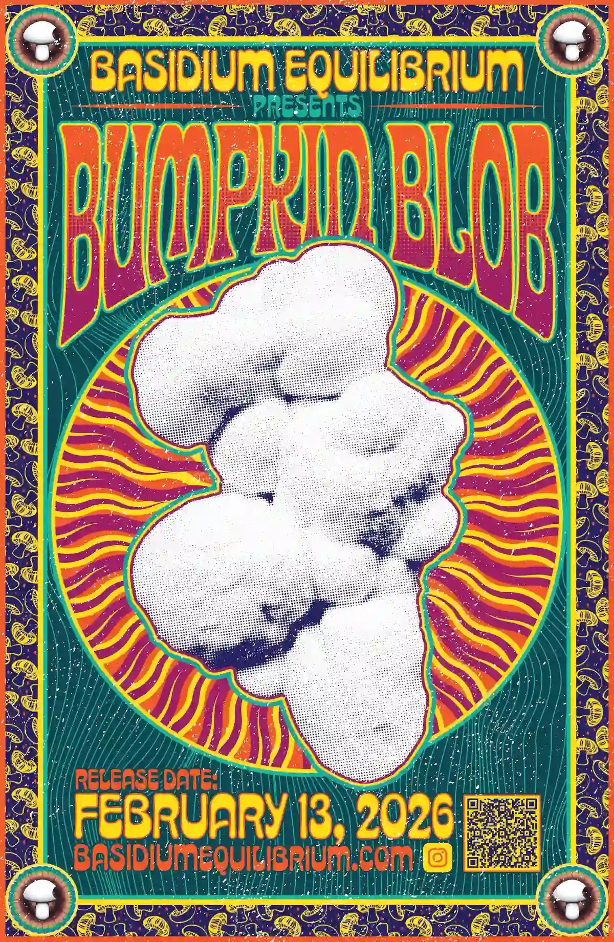 Retro 1970s-inspired promotional poster for Bumpkin Blob genetics, illustrating blob-style morphology through stylized sci-fi artwork.