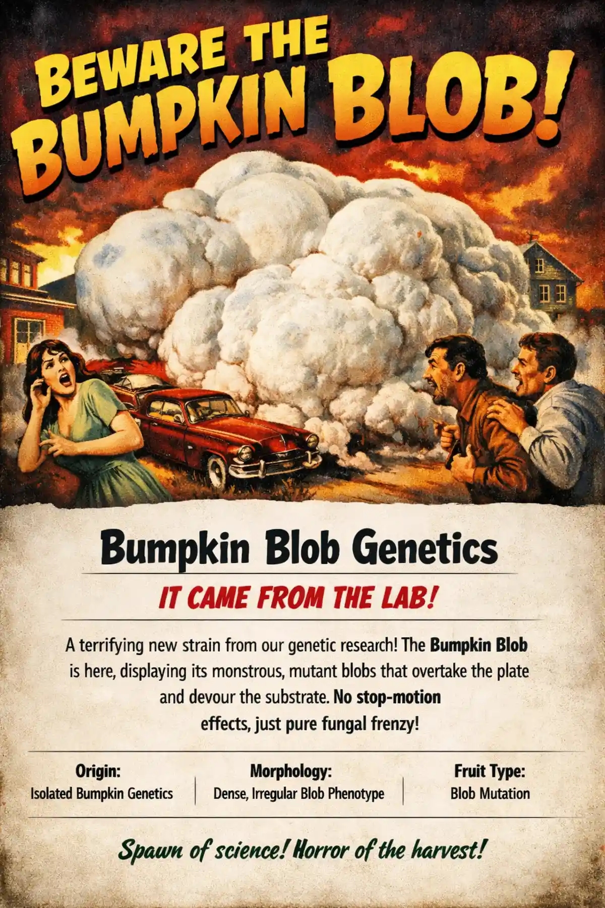 Retro horror–style poster inspired by classic blob movies, featuring Bumpkin Blob genetics with white blob morphology as the central visual.